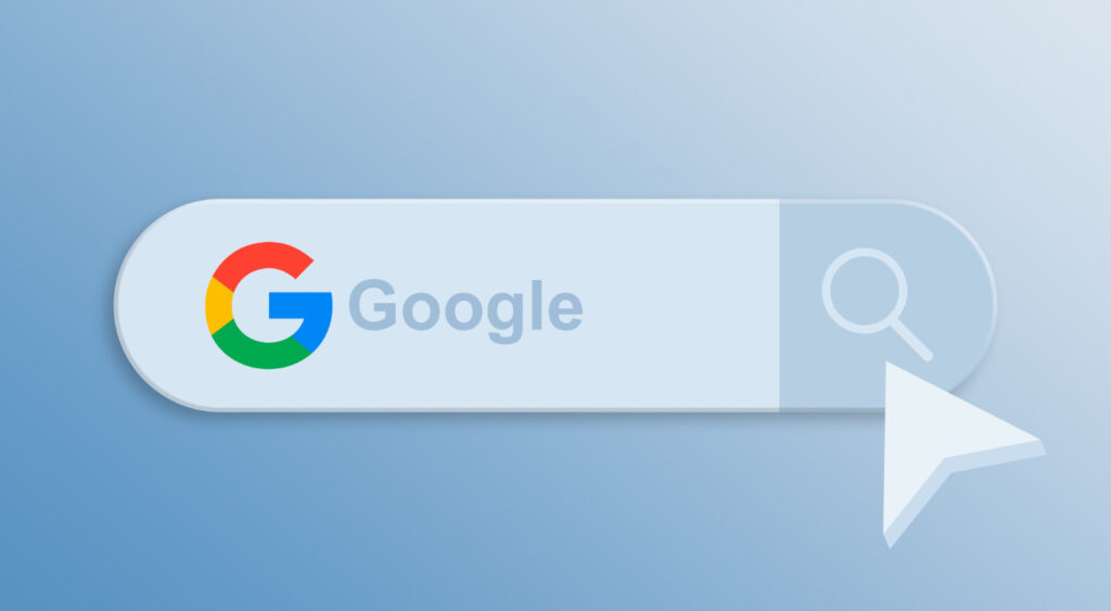 マウスカーソルが検索機能を強調表示するGoogle検索バーの3Dレンダリング画像